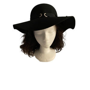 Women's Floppy Wide Brim Black Felt 100%Wool Style Hat W/Bow  #N083 By Nine West